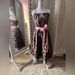Chic Polka Dot Midi Dress with Pink Sash